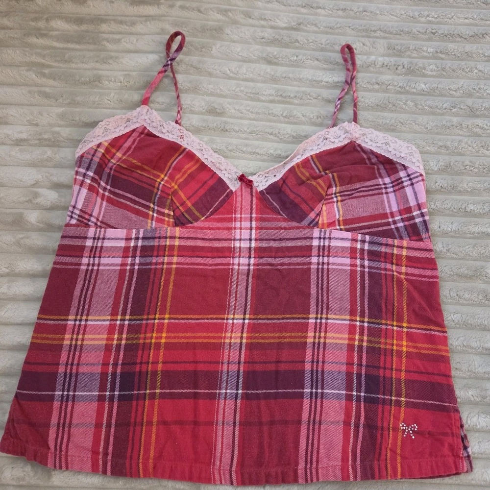 Victoria's Secret Plaid Pajama Camisole Size M Red Checkered Lace Trim Tank Top